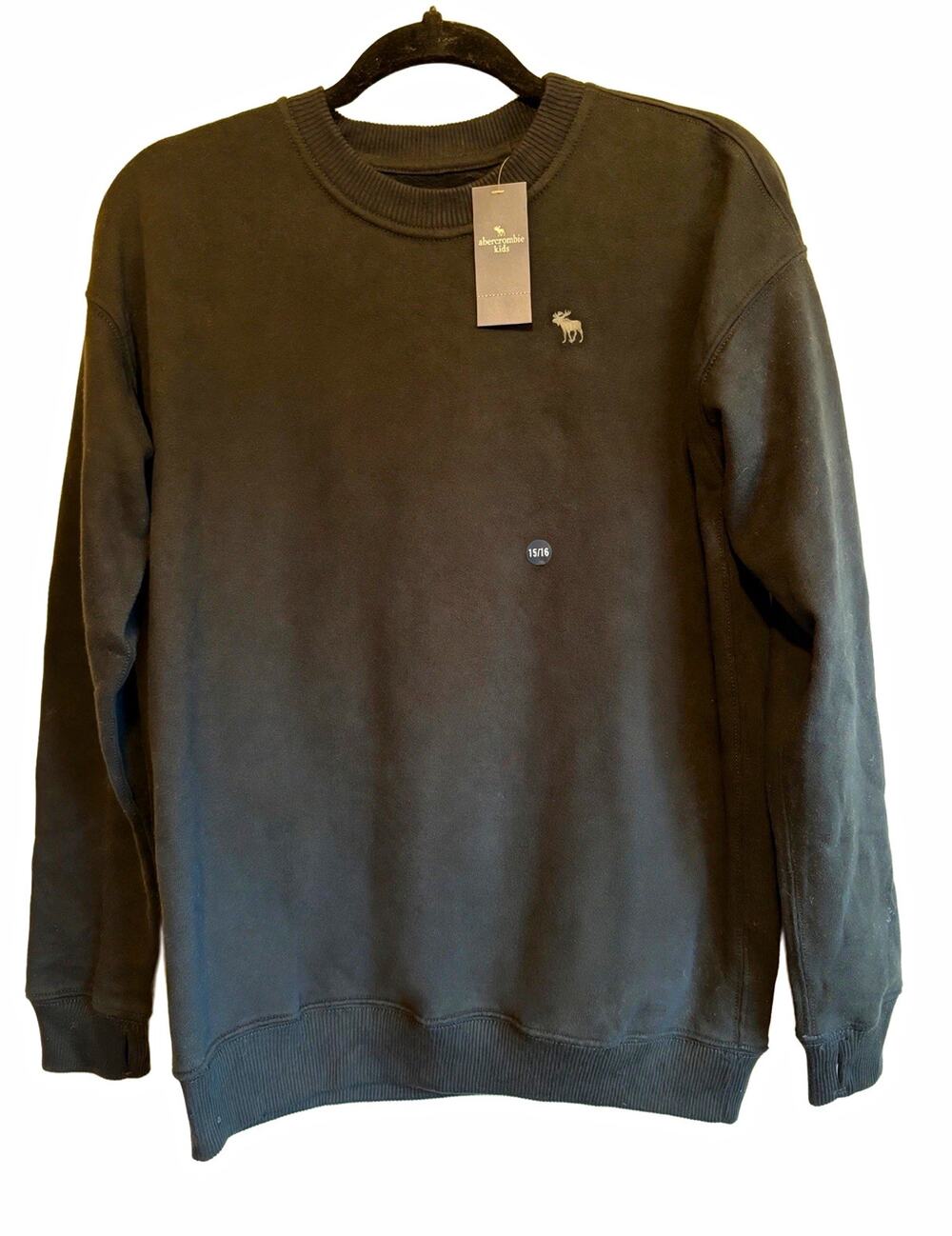 NWT Abercrombie Kids Black Crewneck Sweatshirt Relaxed Fit Logo Moose 15-16Y